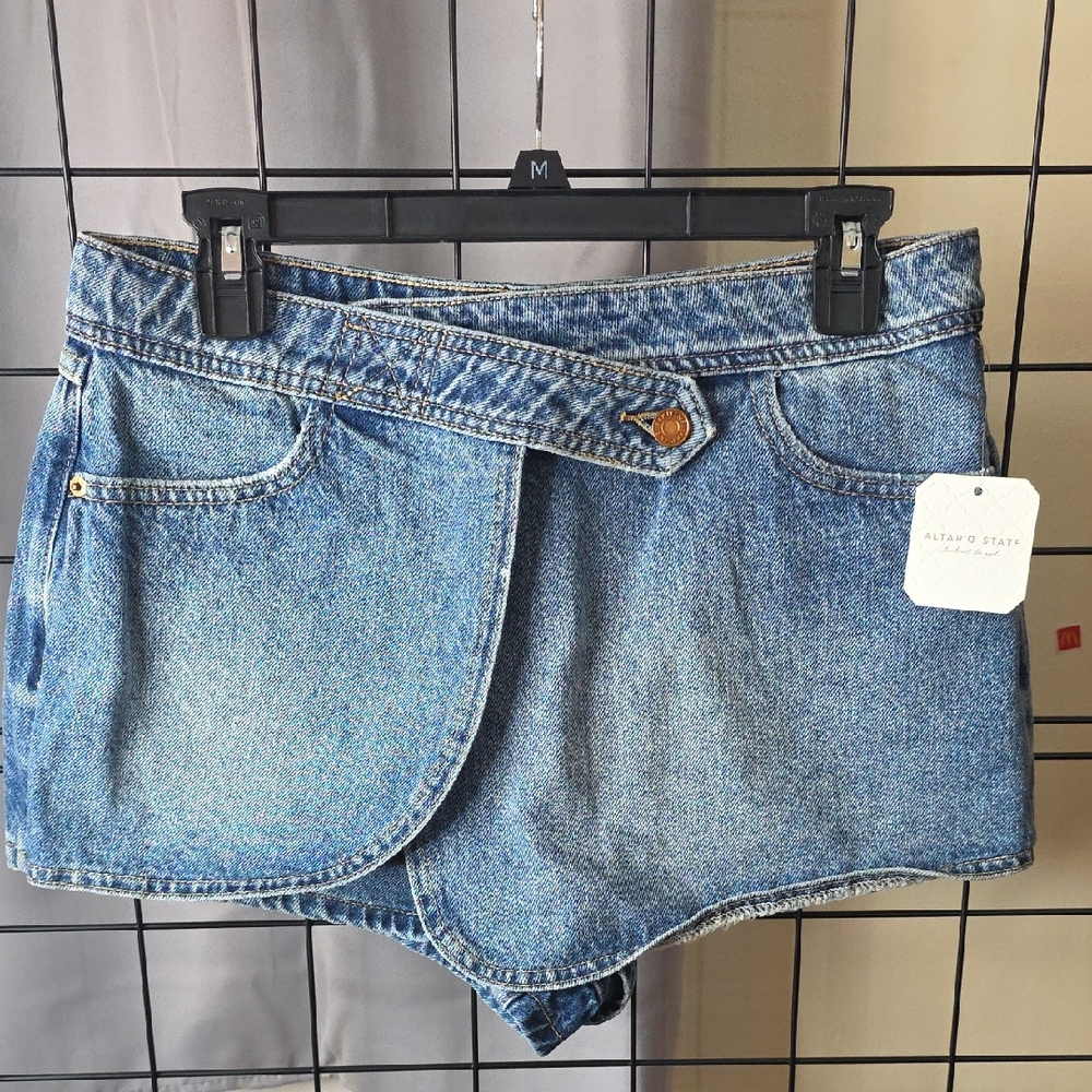 Altar'd State medium wash Blythe Overlay Denim Mini Skort